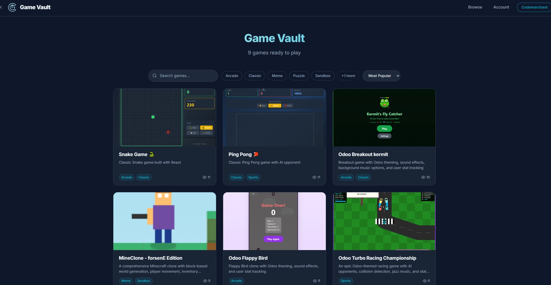 Game vault homepage, built using odoo mcp manage webapp tool