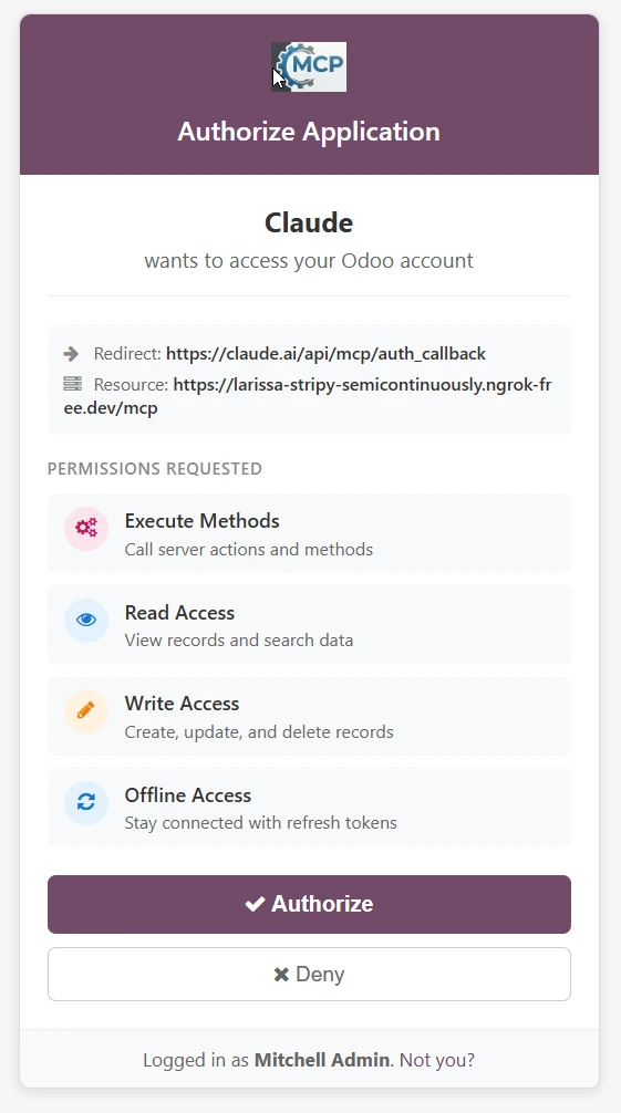 odoo mcp oauth screen