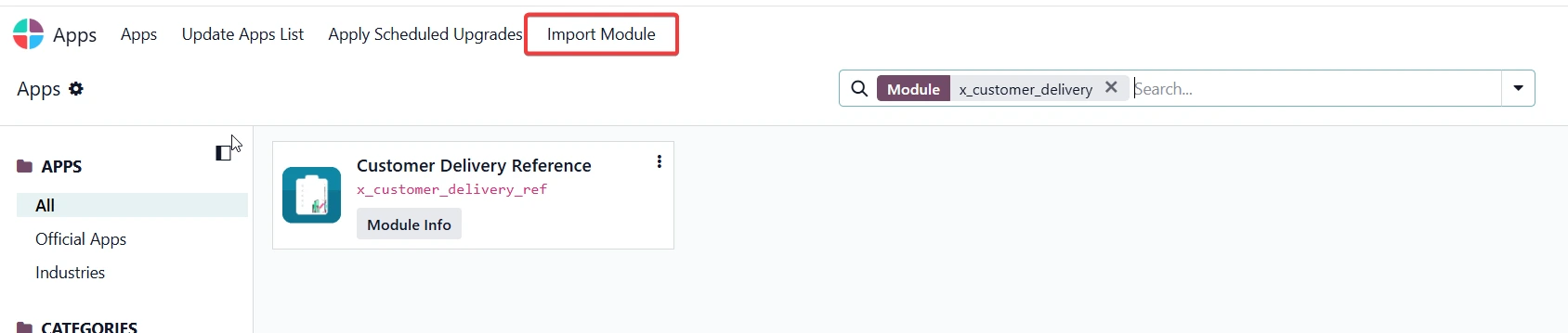 odoo apps module highlighting custom imported module